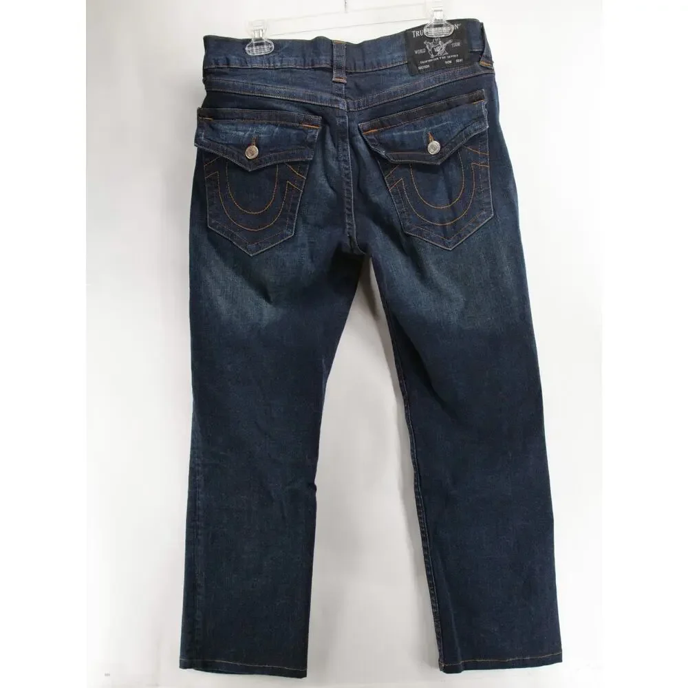 True Religion Ricky Relaxed Straight Jeans Mens 33x30 Flap Pocket Dark Wash Blue
